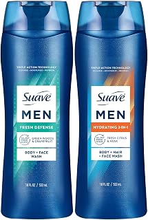 Suave Men Face & Body Wash, 2-in-1 Variety 2-Pack – Fresh Defense + Hydrating, Moisturizing Shower Gel, 18 Fl Oz Ea