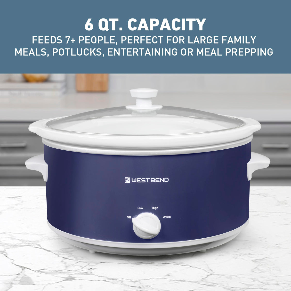 Slow Cooker 6-Quart Manual Crockery Style with Dishwasher Safe Oval Ceramic Crockpot and Glass Lid Two Temperature Settings Plus Keep Warm by West Bend – Model SCWB6QPTNW13