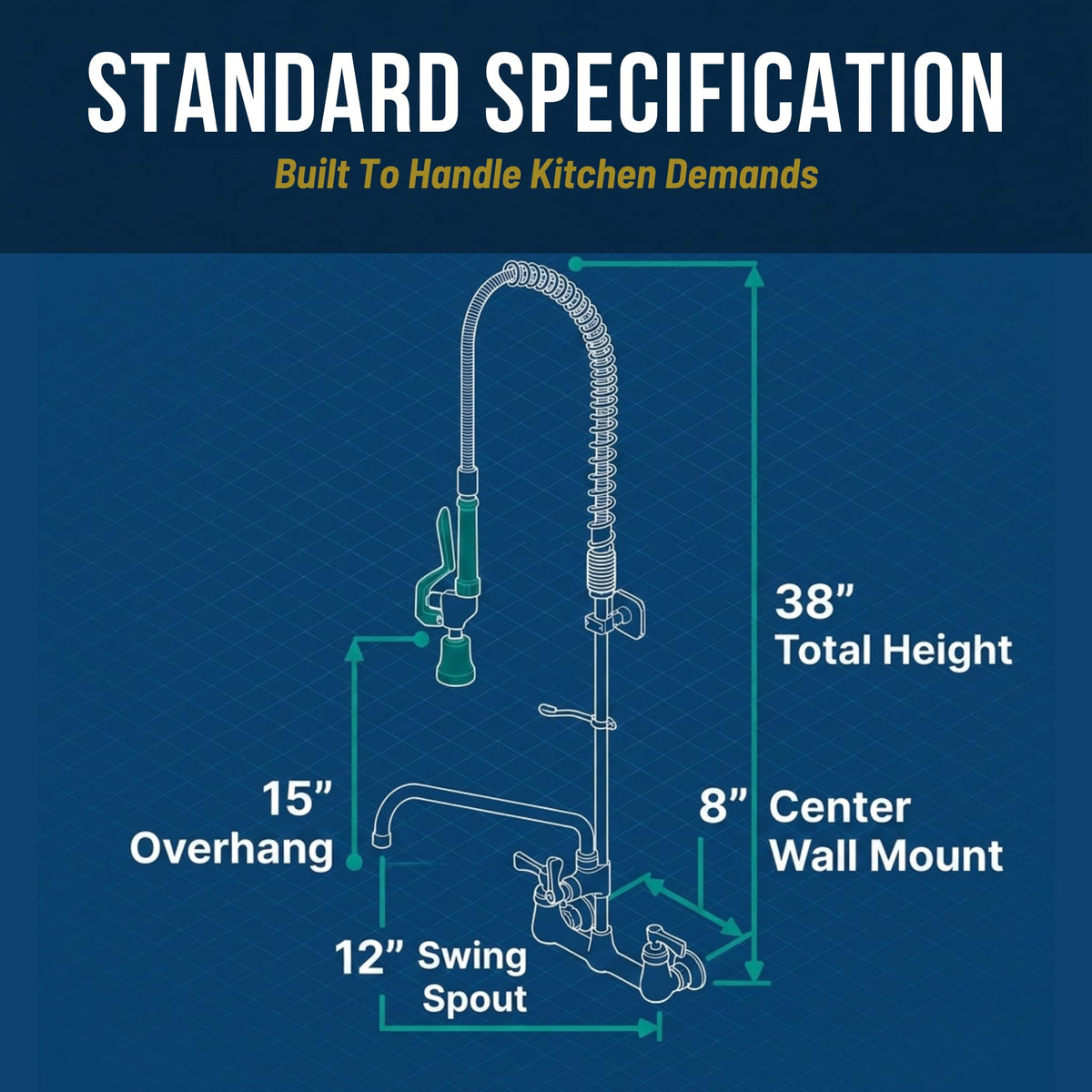Low Lead Wall Mount Pre-Rinse Faucet with 12" Swing Spout by Krowne – 8 Inch, Brass, Silver, Model 17-109WL