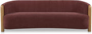 Anya Sofa, Curved, Performance Chenille, Solid Oak Arms and Legs, Cushion Back, Seats Three, Berry
