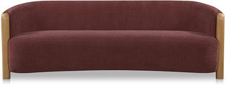 Anya Sofa, Curved, Performance Chenille, Solid Oak Arms and Legs, Cushion Back, Seats Three, Berry