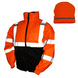 Bomber II Hi-Vis Orange Jacket J26119 Winter Safety with Hi-Vis Orange Winter Weather Beanie Hat (Large) by TINGLEY – Quilted polyester, Safety Orange, Pack of 3, Model J26119.LG