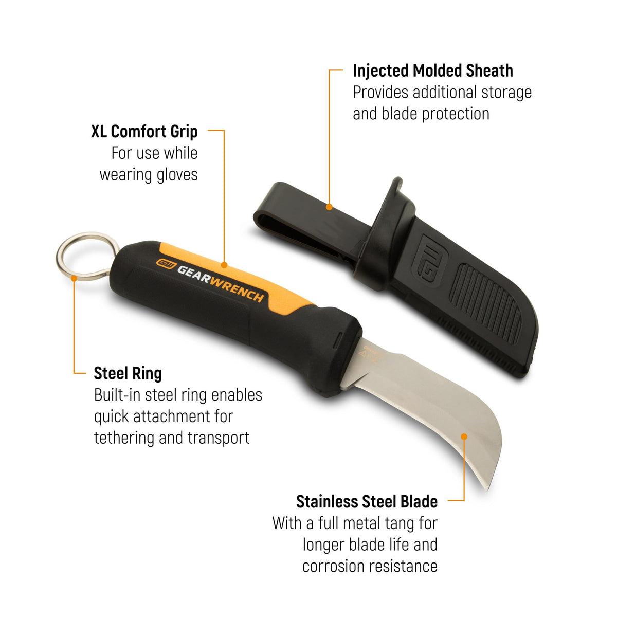 Lineman Fixed Blade Hawkbill Knife with Sharp Tip by GEARWRENCH – Molten Orange & Black, Model GWKHBFXS
