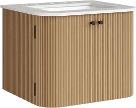 Modway Zia 24 inch Wall-Mount Bathroom Vanity in Natural with Marble Sink Basin - Floating Bathroom Cabinet with Fluted Design