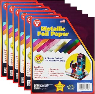 Hygloss Metallic Foil Paper Sheets, 8.5-inch x 10-inch, Assorted Colors, 20/Pack, 6 Packs/Bundle (HYG108-6)