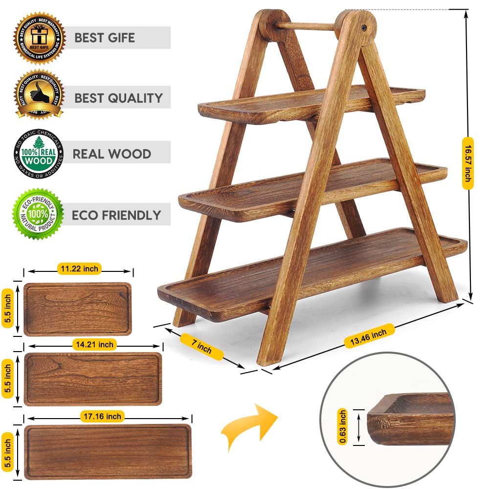 Manspdier Wood 3 Tier Serving Tray, Collapsible Ladder Stand, Brown