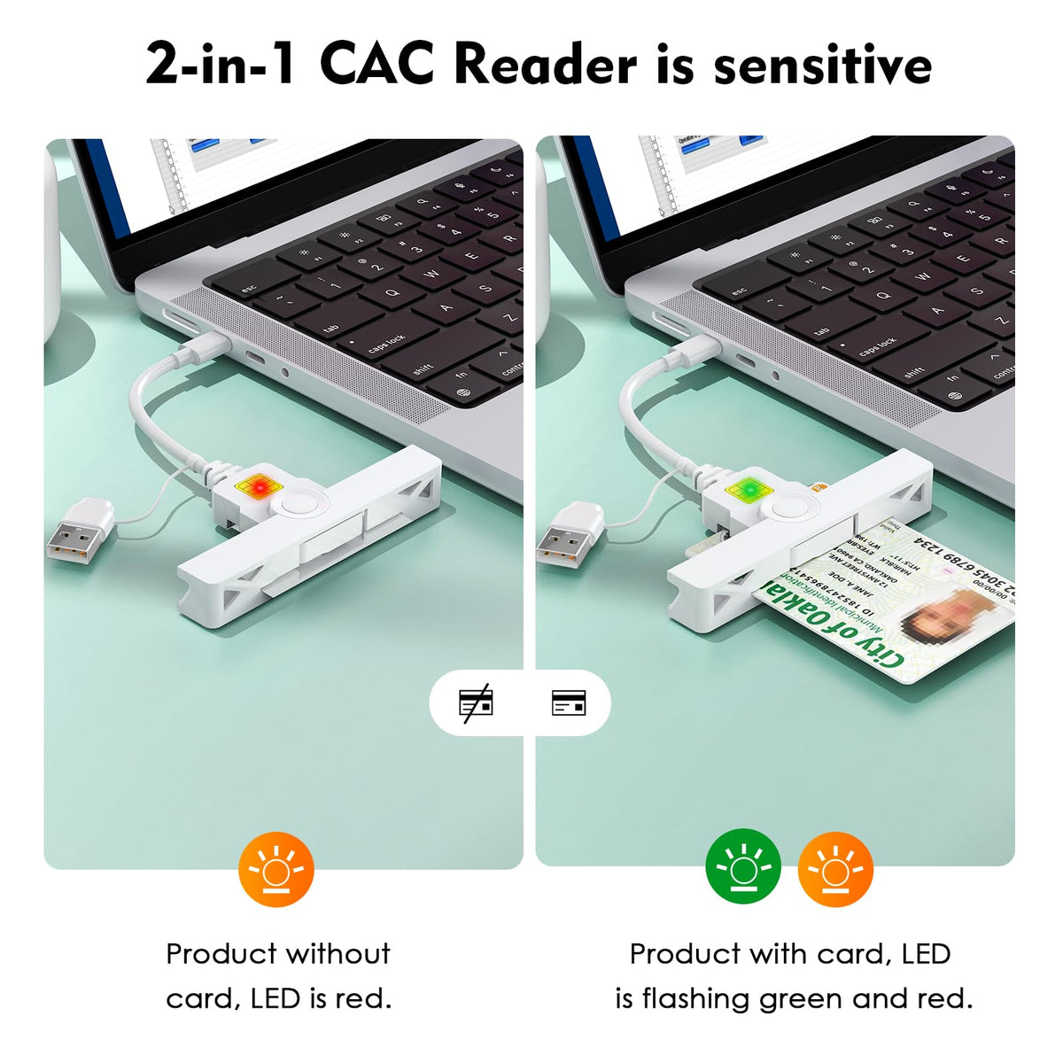 CAC Reader with 2 in 1 USB/Type C Dual Connector by Rocketek – Mini, White-335EN