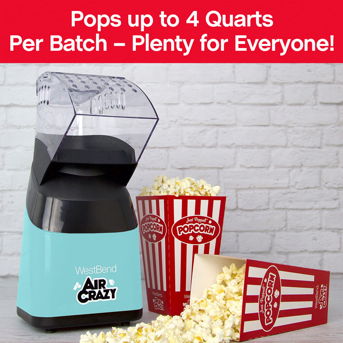 Air Crazy Popcorn Machine for Healthy Snacking with No Oil by West Bend – 4-Quart, 4 liters, Metal, Blue, Model PC8448BL13