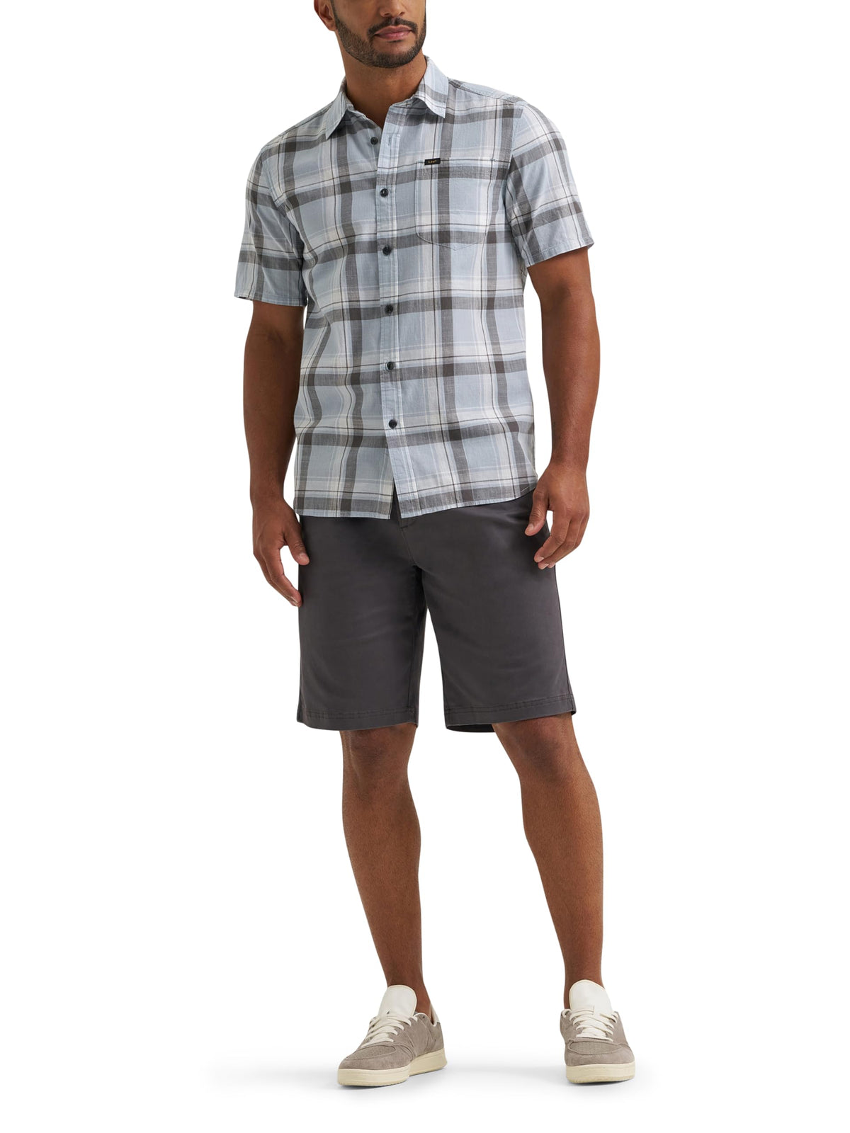 Men's All Purpose Classic Fit Short Sleeve Shirt – Cotton, Concrete Gray Plaid, Model 112382046