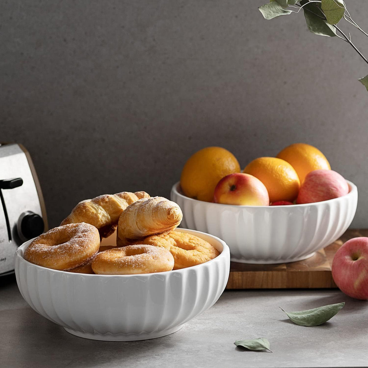 DOWAN Serving Bowls, 86 oz Ceramic Set, Pumpkin Shape, White