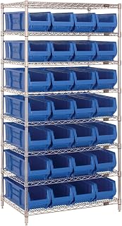 QUANTUM STORAGE SYSTEMS WR8-970BL Wire Heavy Duty 8 Shelves 74" H x 36" W x 30" D with 28 Blue Bins 30" L x 9" W x 7" H