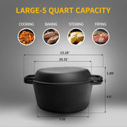 Edging Casting Cast Iron Dutch Oven with Skillet Lid, Pre-Seasoned, 5 Qt, Black
