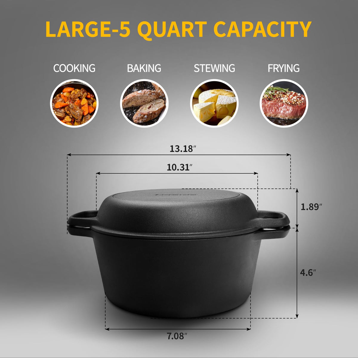 Edging Casting Cast Iron Dutch Oven with Skillet Lid, Pre-Seasoned, 5 Qt, Black