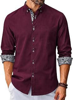 Mens Oxford Dress Shirt Long Sleeve Button Down，Wine/Silver，XXL