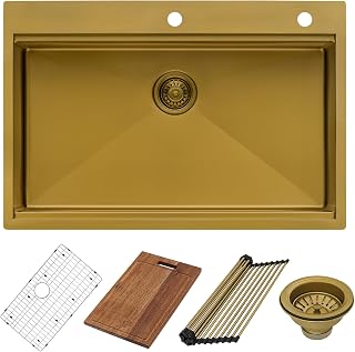 Ruvati 33 inch Polished Brass Matte Gold Workstation Drop-in Topmount Kitchen Sink Single Bowl - RVH5003GG