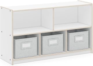 Guidecraft EdQ 5 Compartment Storage 24'' White with 3 Fabric Bins: Wooden Multi-Purpose Bookcase and Toy Organizers and Storage; Homeschool and Classroom Furniture