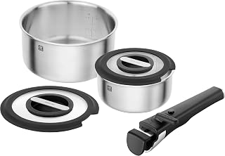 ZWILLING Unlock 5-Piece Saucepan Set (20 + 16 cm, Handle, 2 Glass Lids), Stackable, Removable Handle, 18/10 Stainless Steel, Suitable for All Hobs Including Induction
