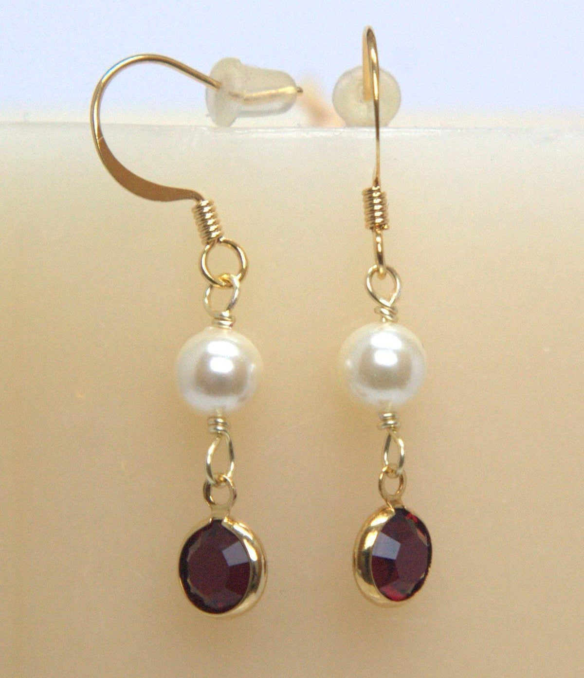 Crystal Channel Drop Dangle Earring - Siam Red Color by Martiana Jewelry – 1 inch, Crystal, Pearl, Gold Tone Ear Hook, Siam Red Color, Model MJ-E109