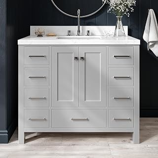 ARIEL Cambridge 42-inch Bathroom Vanity with Sink,Solid Wood, 1.5-inch Carrara White Quartz Countertop, Single Rectangular Porcelain Sink, 2 Soft Closing Doors, 9 Dovetail Drawers, Grey