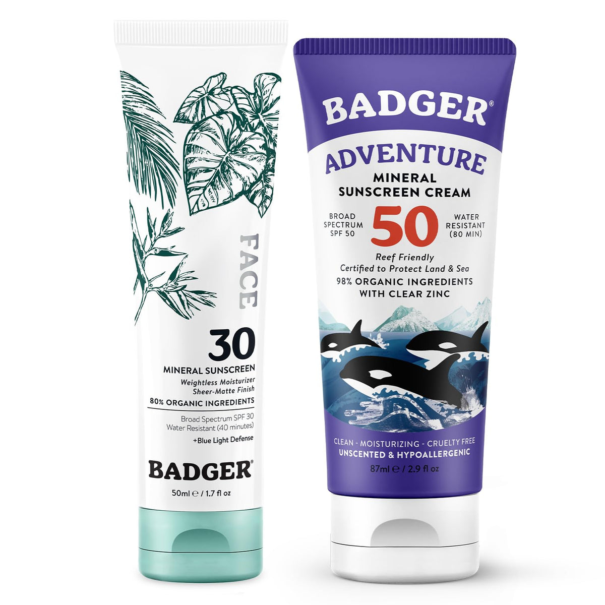 SPF 50 Mineral Sunscreen and SPF 30 Mineral Face Sunscreen by Badger – Pack of 2