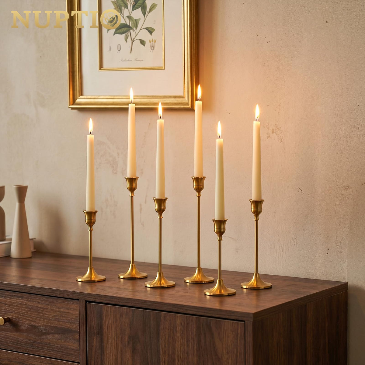 Nuptio Candlestick Holders Set, Gold Metal, 6 Piece Assorted Heights