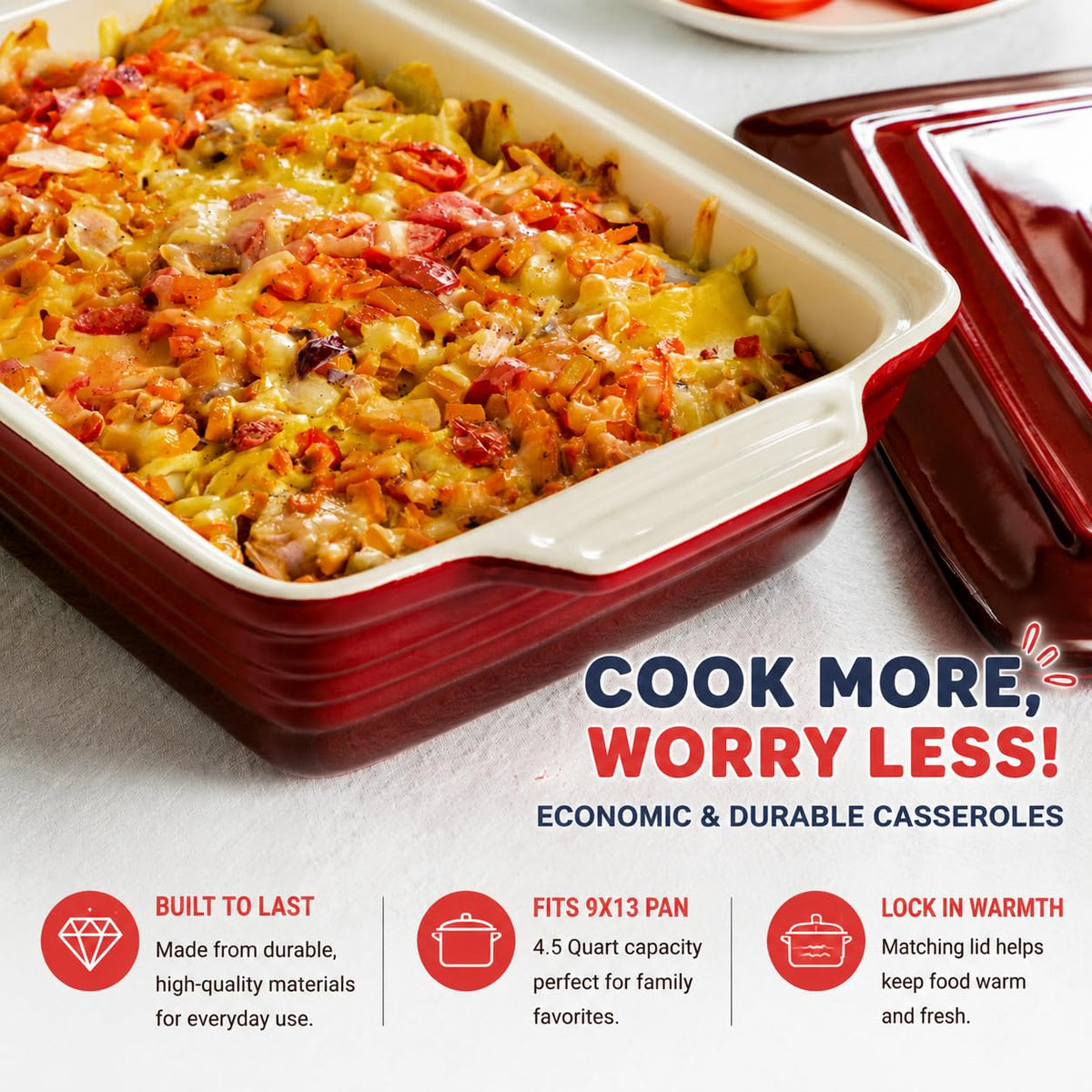 Lovecasa Stoneware Casserole Pan, 4.5 Quart, Gradient Red