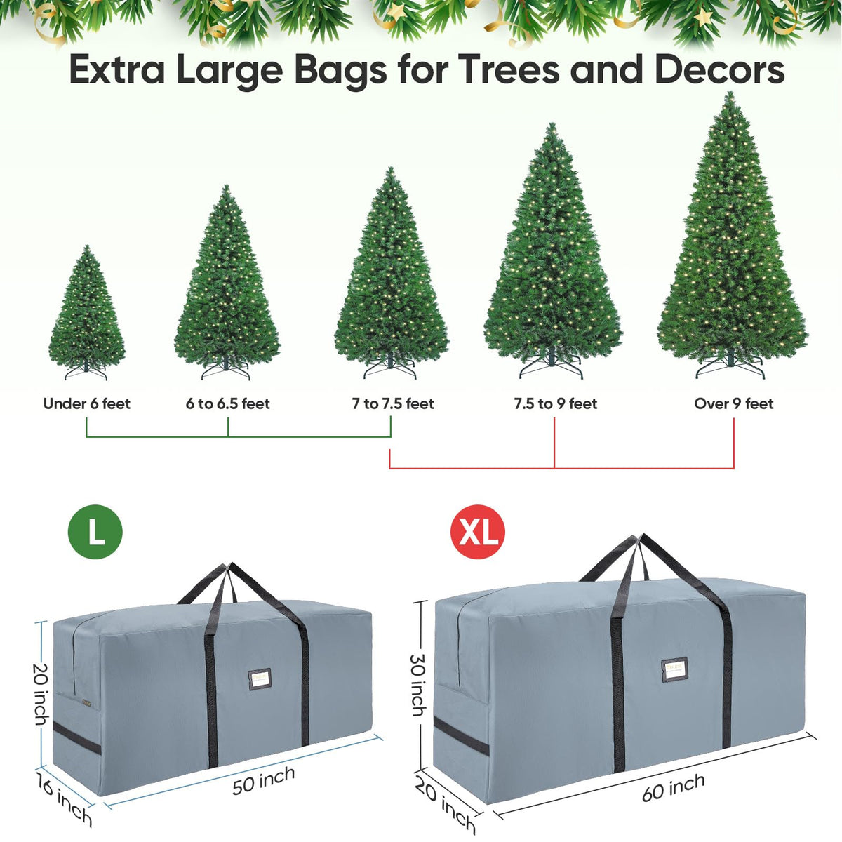Baleine Christmas Tree Storage Bag, 900D Oxford Canvas, 7.5 Foot, Grey