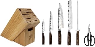 Shun Premier 7 Piece Essential Block Set, Includes 8" Chef, 4" Paring, 6.5" Utility, 9" Bread Knives & Herb Shears, Handcrafted Japanese Knife Set, Pakkawood Handles