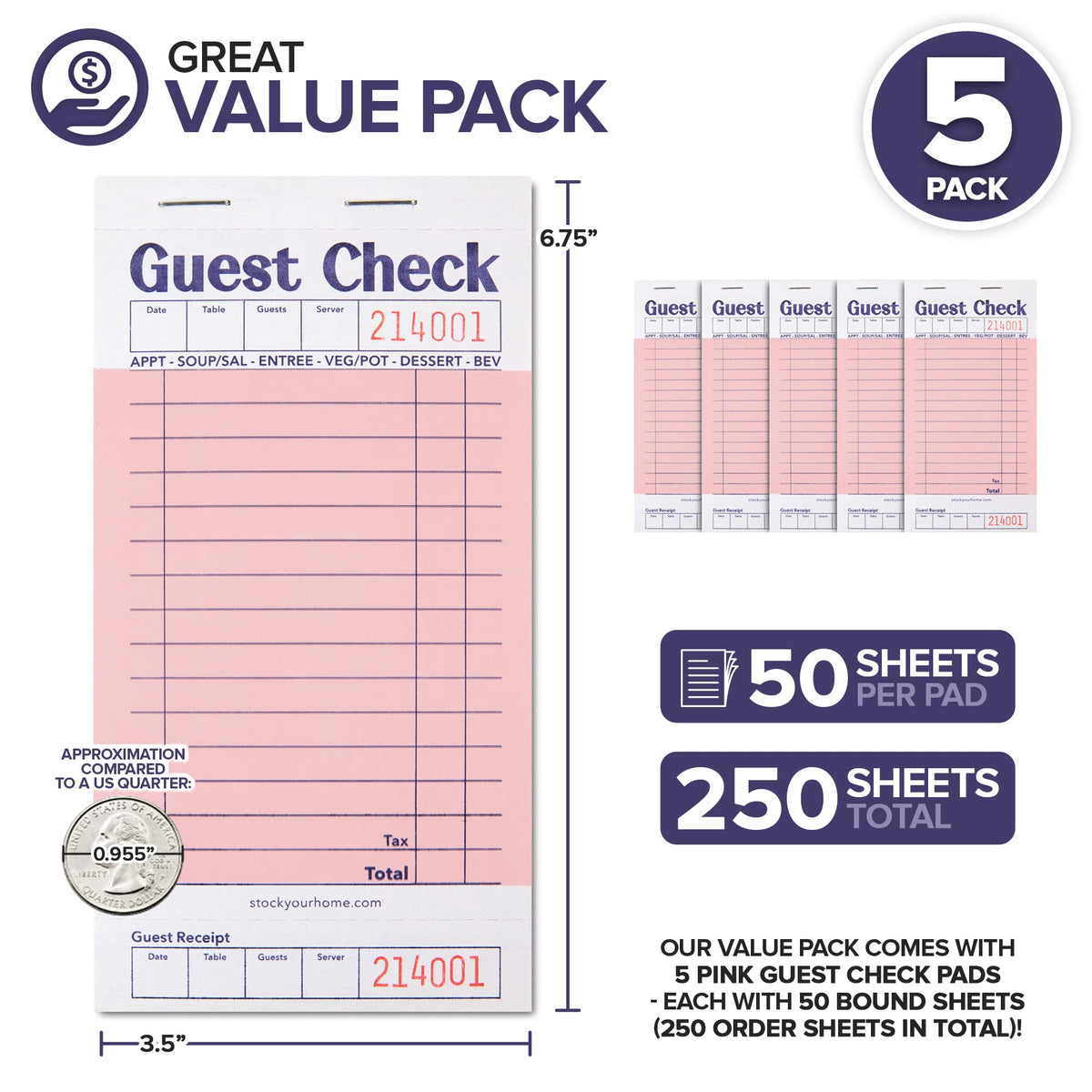 Pink Guest Check Books for Servers (5 Pack) Server Note Pads by Stock Your Home – 5 Pack, Paper, Pink, Pack of 5