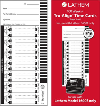 TruAlign Weekly Time Cards for 1600E Time Clock by Lathem – Size: Pack of 100 weekly time cards, Paper, White, Model E16-100