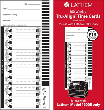 TruAlign Weekly Time Cards for 1600E Time Clock by Lathem – Size: Pack of 100 weekly time cards, Paper, White, Model E16-100