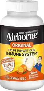 Airborne 1000mg Vitamin C + Zinc Immune Support Supplement Chewable Tablets, Citrus Flavor with Powerful Antioxidants Vitamins A C & E, 116 Chewable Tablets (3 Pack)
