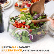 Oria Cook Glass Serving Bowl with Lid, 5.7 Liter, Clear with Acacia Wood Utensils