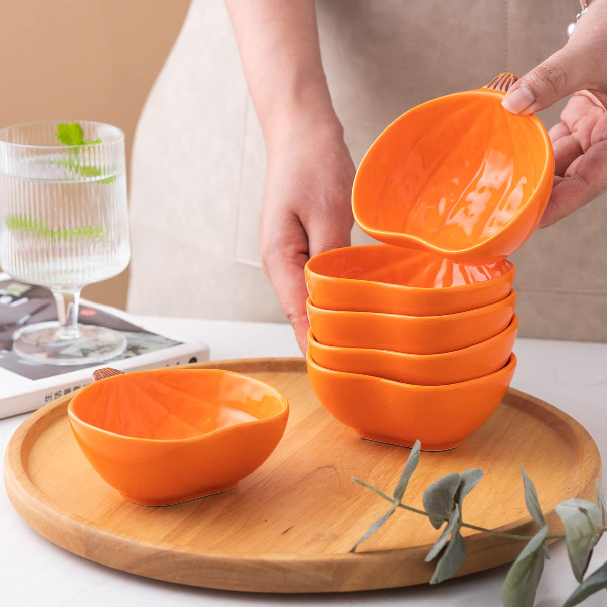 Yeexoxow Pumpkin Bowls, 6 Ounce Ceramic Ramekins, Set of 6, Orange