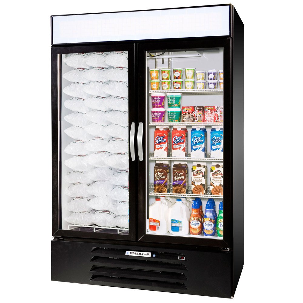 Beverage-Air MMRF49-1-B-LED MarketMax 52" Two Section Glass Door Reach-In Dual Merchandising Refrigerator/Freezer with LED Lighting 49 cu.ft. Capacity Black Exterior and Bottom