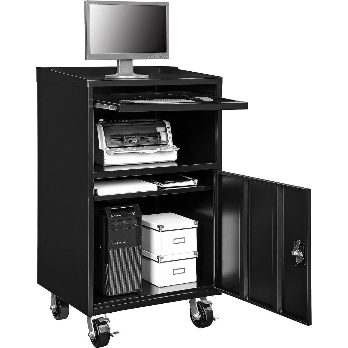 Mobile Computer Cabinet by Global Industrial – 27 inches (W) x 49.25 inches (H) x 24 inches (D), Alloy Steel, Black, Model 694561BKA
