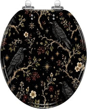 Round Gothic Raven Floral Golden Stars Black Toilet Seat