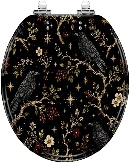 Round Gothic Raven Floral Golden Stars Black Toilet Seat
