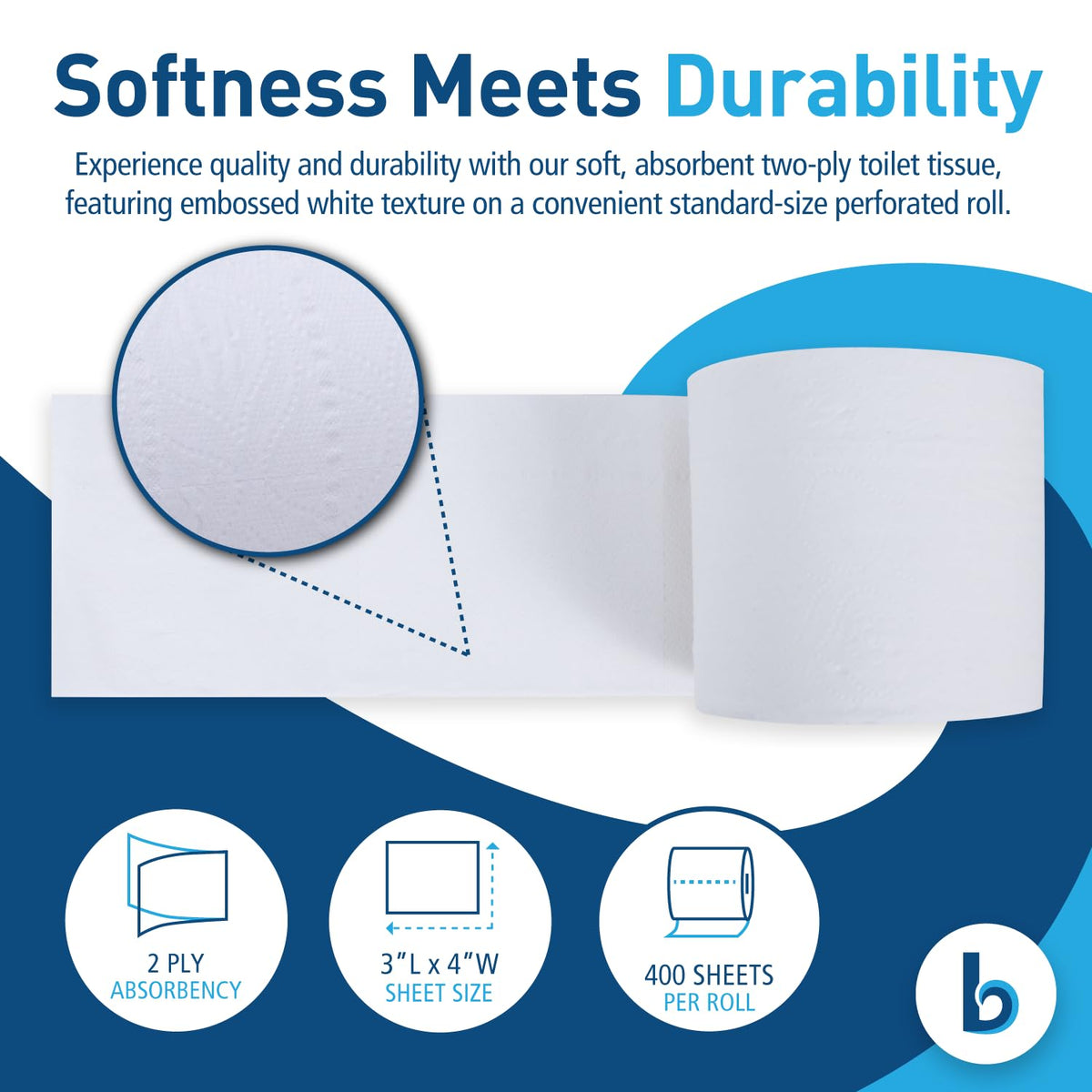 BWK6144 Two-Ply Toilet Tissue by Boardwalk – 400 sheet 4" x 3" (Pack of 96), Cotton, White, Pack of 96, Model BWK 6144