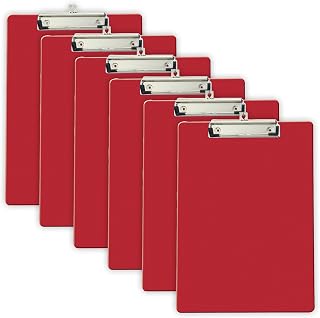 Officemate Plastic Clipboard, 9 x 12.5-Inches, Letter Size Recycled Document Holder with Low-Profile Metal Clip, Retractable Hanging Hole, Red, Pack of 6