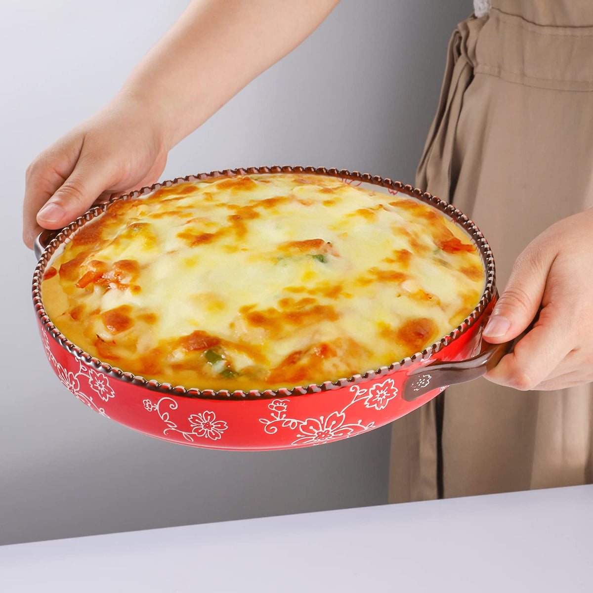 AVLA Ceramic Pie Pan Set, 9 Inch Round with Handles, 28 Ounce, Sakura Red