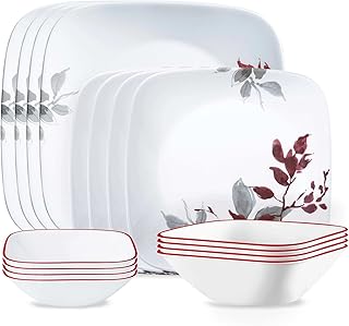 Kyoto Leaves 16pc, Service for 4, Dinnerware Set, 8 plates bowls, Chip & Break Resistant, Dinner and Corelleware White
