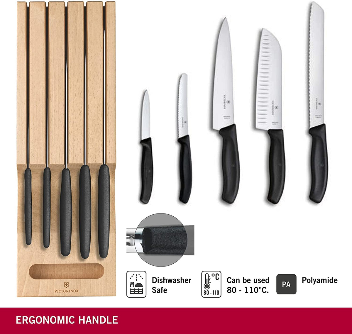 Swiss Classic In-Drawer Holder & Knife Set - Includes Organizer and Bread by Victorinox – Multiple (Pack of 1), Beechwood,Stainless Steel, Black, Pack of 5, Model 6.7143.5
