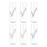 TOSSWARE POP 9oz Flute Classic Cheers Series - Color, SET OF 6, Premium Quality, Recyclable, Unbreakable & Crystal Clear Plastic Printed Champagne Glasses
