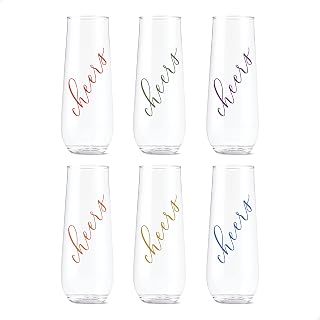 TOSSWARE POP 9oz Flute Classic Cheers Series - Color, SET OF 6, Premium Quality, Recyclable, Unbreakable & Crystal Clear Plastic Printed Champagne Glasses