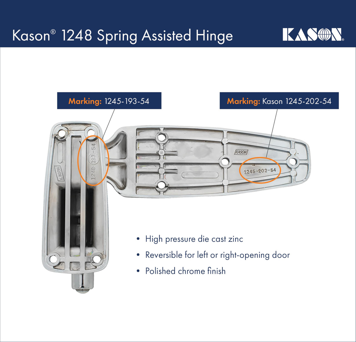 1248 Spring Assisted Hinge by Kason – Zinc, Chrome, Pack of 2, Model 11248000004