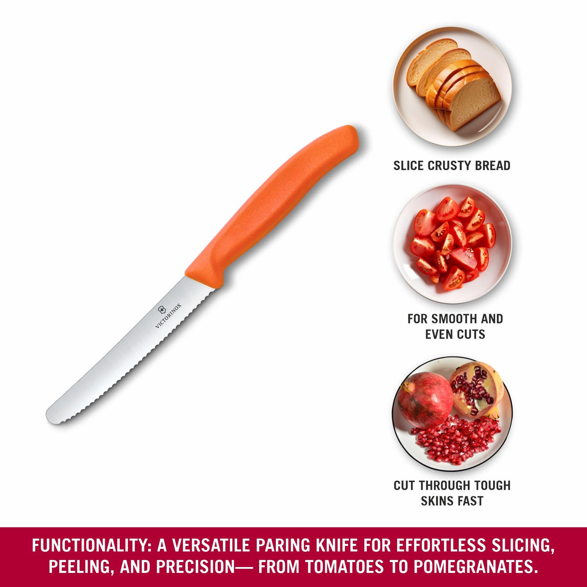 Swiss Classic 4 in Serrated Round Tip Tomato & Table Knife by Victorinox – 4.3", Stainless Steel, Orange, Model 6.7839.C1