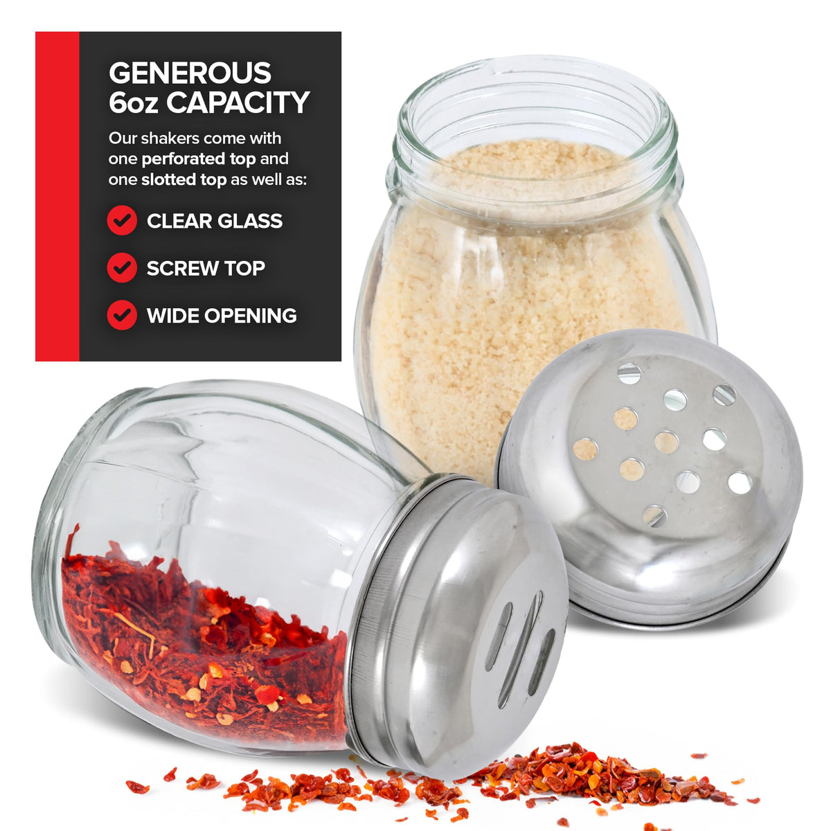 6-Ounces Glass Spices Shaker With Perforated Stainless Steel Top And Parmesan Cheese Shaker With Slotted Stainless Steel Top/Set of 2/Bulk Swirl Retro Style Dispensers With