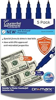 Dri Mark 5 Pack Counterfeit Bill Detector Marker Pen with Bioguard, Made in The USA, Pocket Size, Fake Money Checker - Money Loss Prevention Tester & Fraud Protection for U.S. Currency