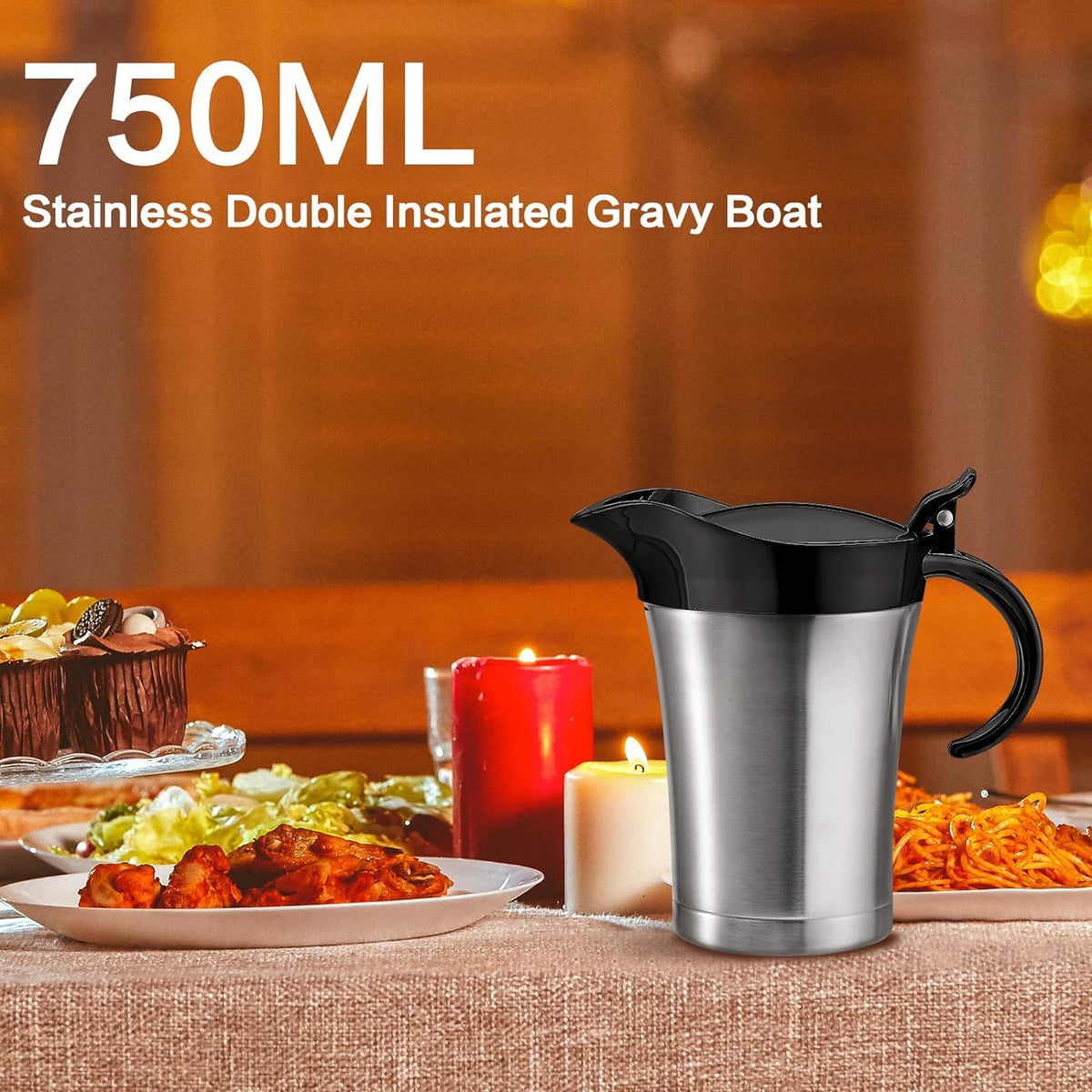 Raisly Double Insulated Gravy Boat, 25 Ounces Stainless Steel with Hinged Lid, Silver